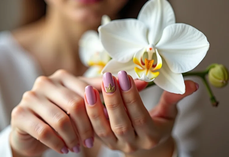 Unhas decoradas com coroa e orquídea branca