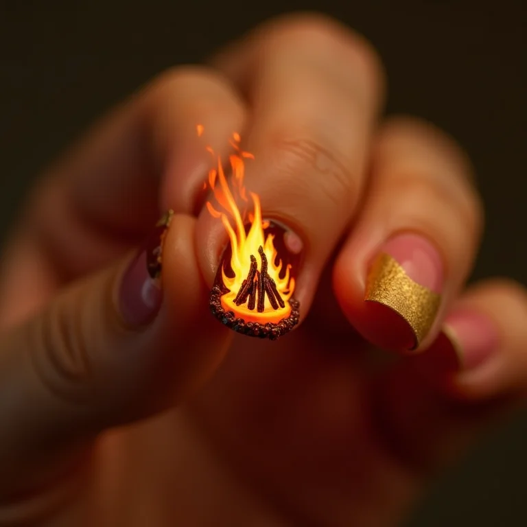 Unhas decoradas com desenho de fogueira para Festa Junina