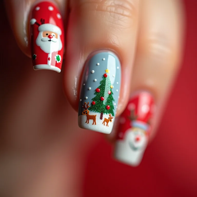 Unhas decoradas com desenhos de Natal.