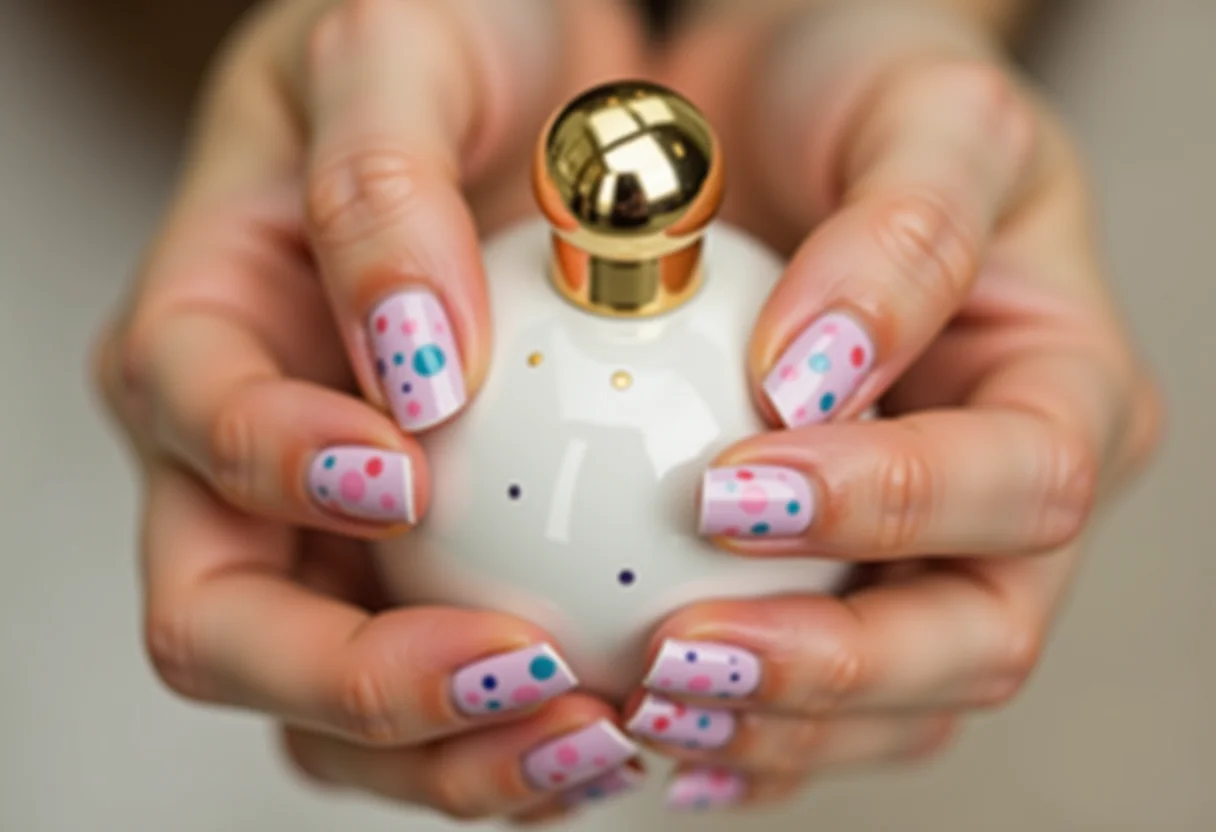 Unhas decoradas com esmalte da bolinha segurando frasco de perfume.
