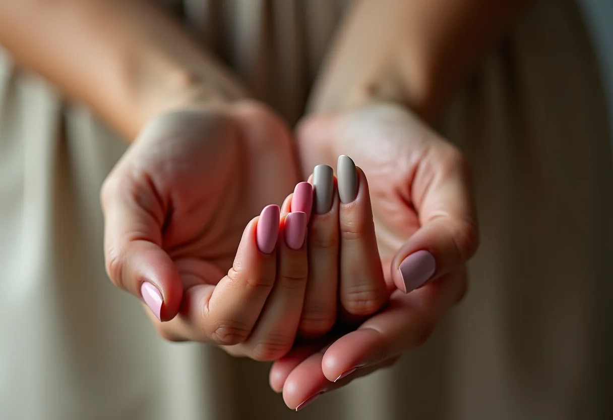 Unhas decoradas com esmalte fosco em diferentes cores e texturas.