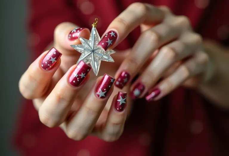 Unhas decoradas com estrelas brilhantes.