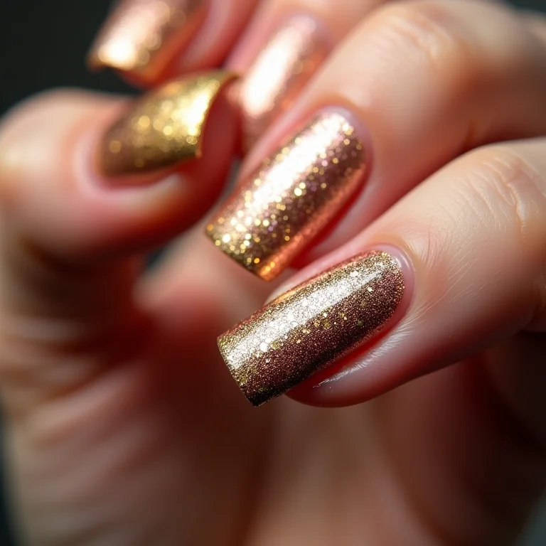 Unhas decoradas com filme de unha, glitter e folha de ouro