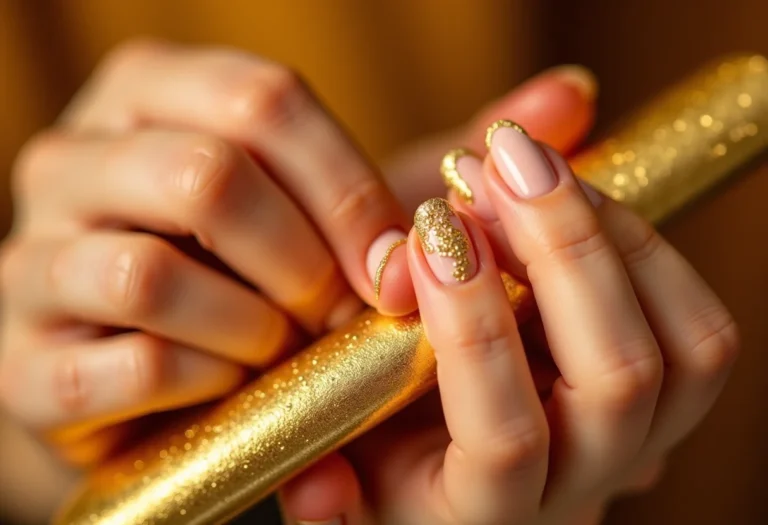 Unhas decoradas com fios de ouro segurando clutch dourada