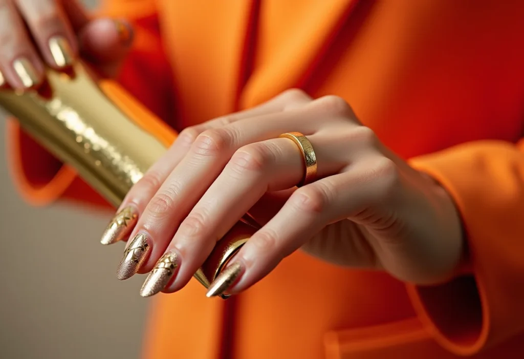 Unhas decoradas com fitas douradas segurando clutch dourada