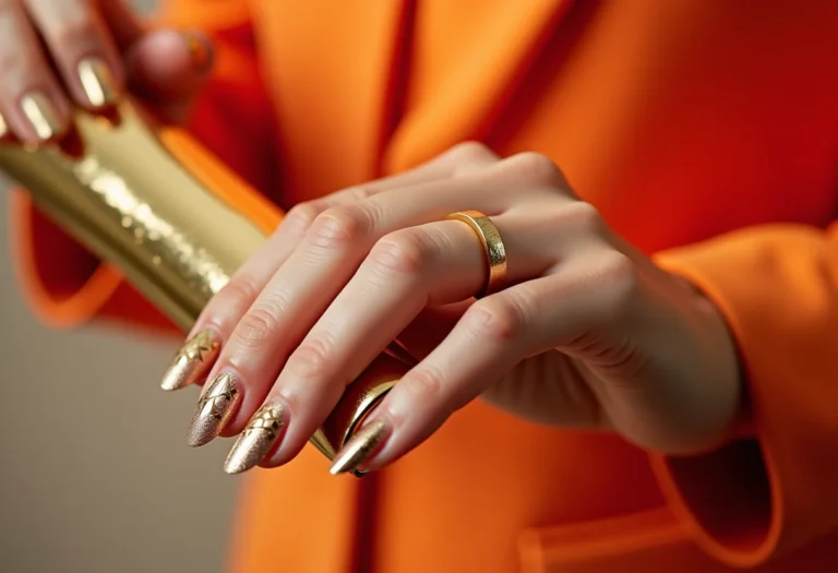 Unhas decoradas com fitas douradas segurando clutch dourada