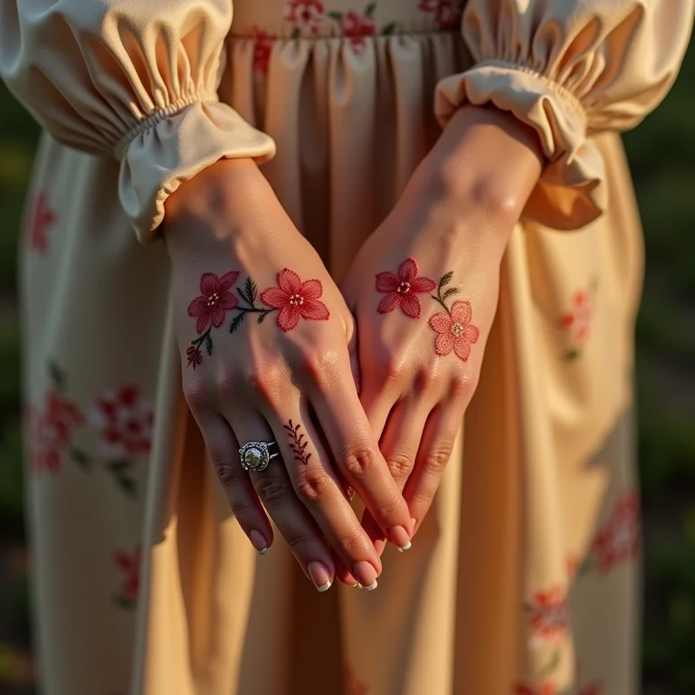 Unhas decoradas com flores delicadas e anel de prata