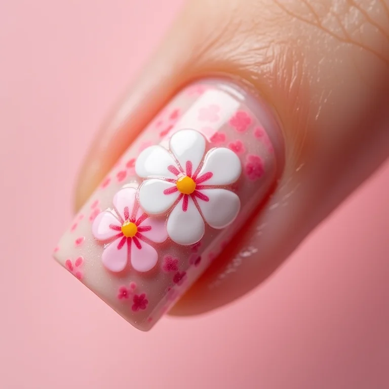 Unhas decoradas com flores delicadas em tons de rosa