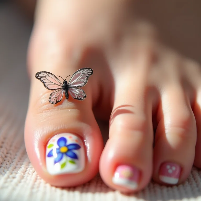 Unhas decoradas com flores e borboletas nos pés