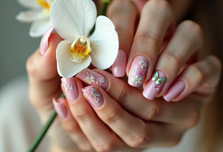 Unhas decoradas com flores e borboletas segurando orquídea branca