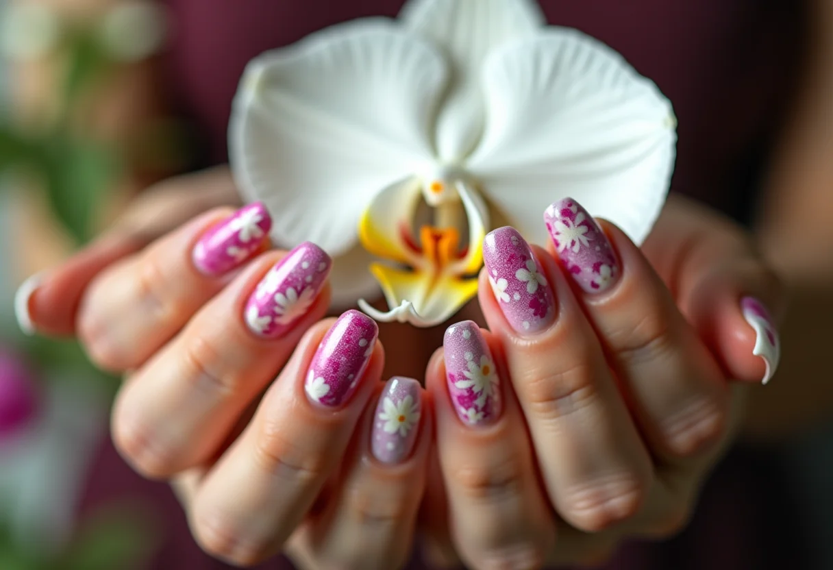 Unhas decoradas com flores e detalhes vibrantes