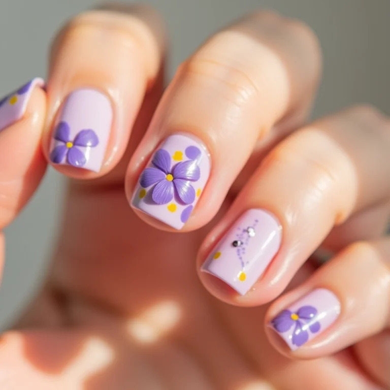 Unhas Decoradas com Flores Roxas