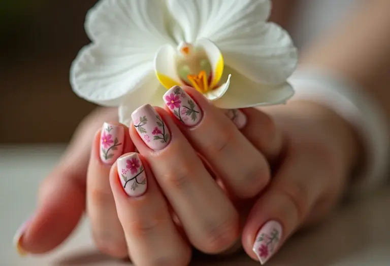 Unhas decoradas com flores segurando orquídea branca.
