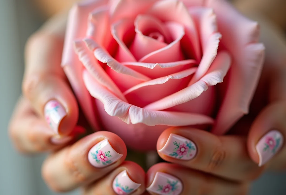 Unhas decoradas com flores segurando rosa