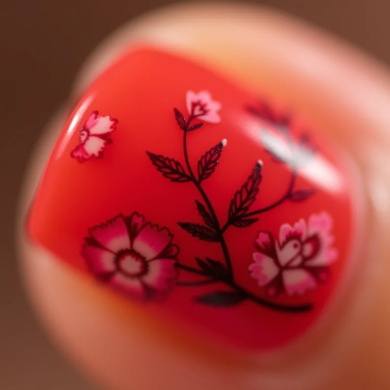 Unhas decoradas com flores vermelhas e pretas
