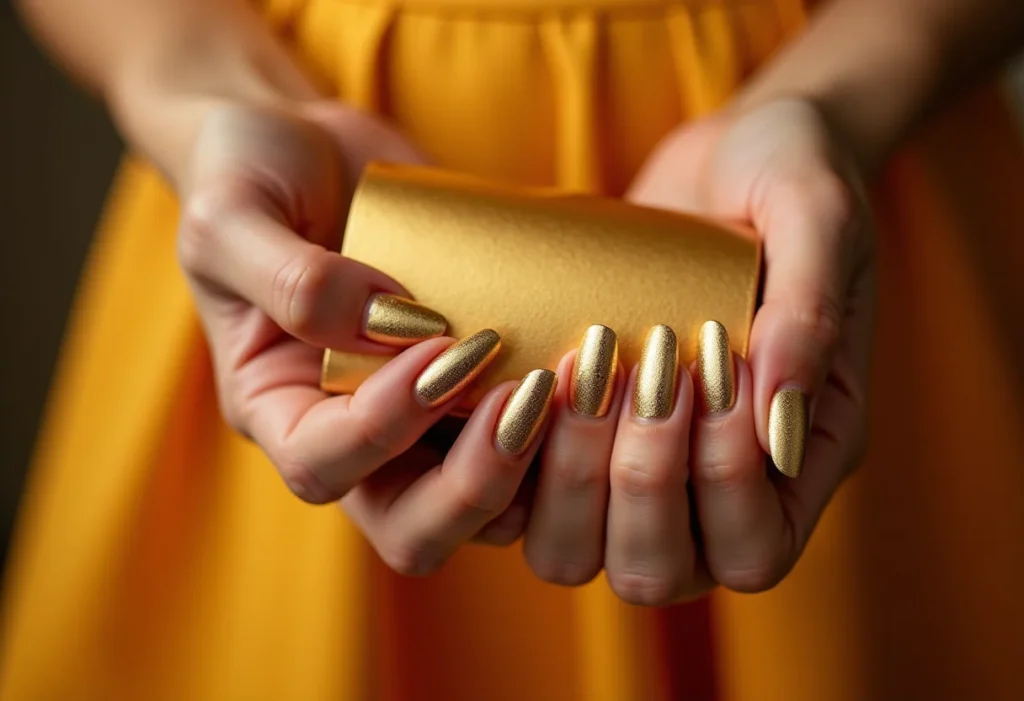 Unhas decoradas com folha de ouro segurando clutch dourada