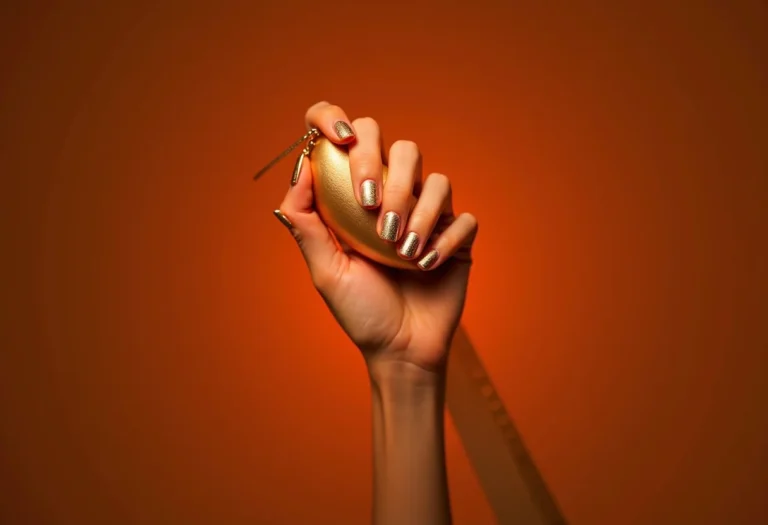 Unhas decoradas com folha de ouro segurando clutch dourada