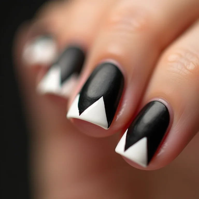 Unhas decoradas com formas geométricas em preto e branco