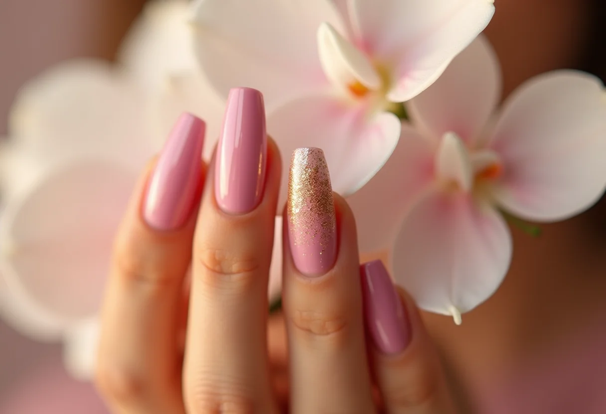 Unhas decoradas com glitter dourado e orquídea branca