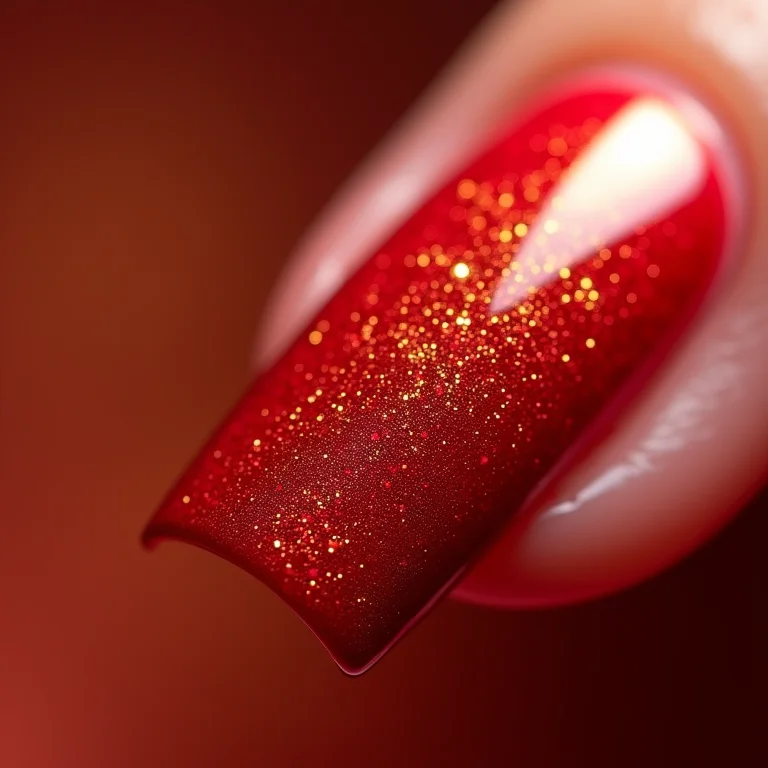 Unhas decoradas com glitter dourado em base vermelha