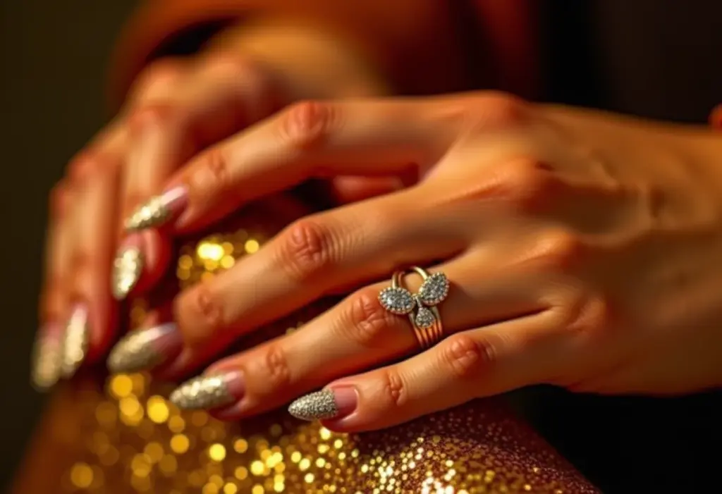 Unhas decoradas com glitter dourado segurando clutch dourada