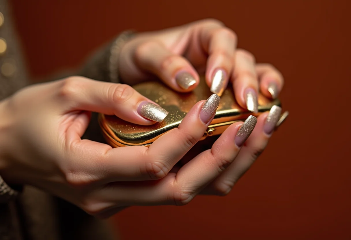 Unhas decoradas com glitter e clutch dourada