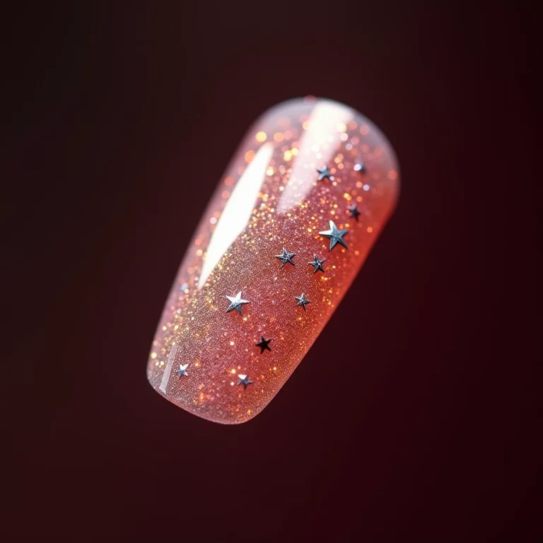 Unhas decoradas com glitter em formato de estrelas.