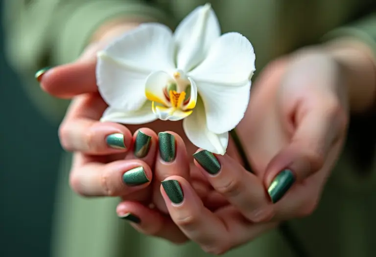 Unhas decoradas com glitter verde segurando orquídea branca