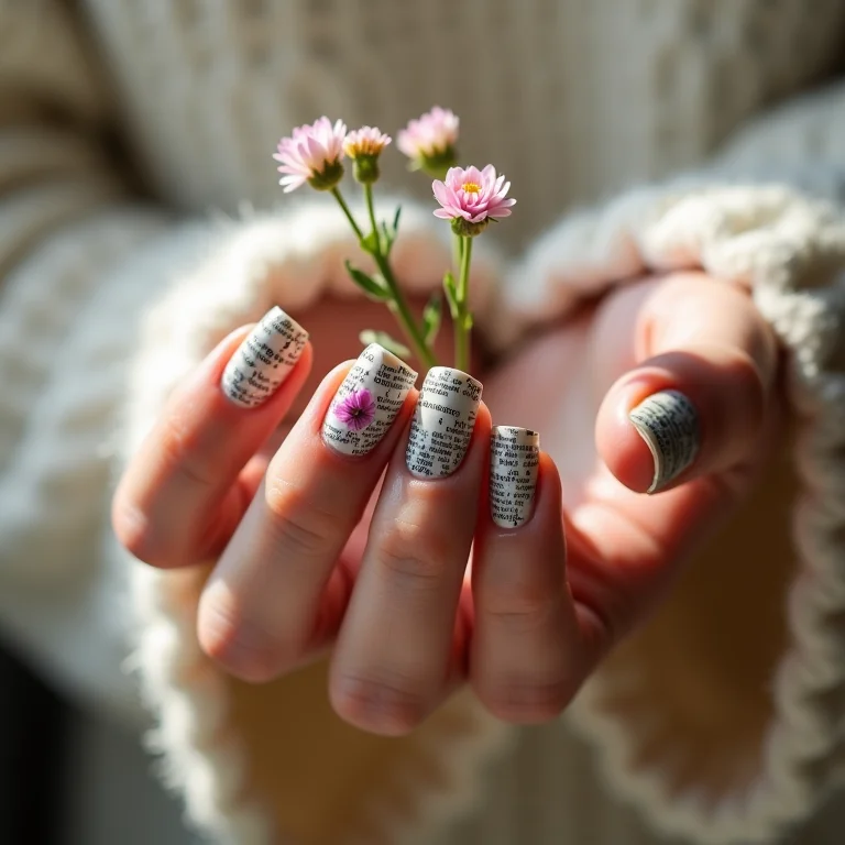 Unhas decoradas com jornal e delicadas flores prensadas