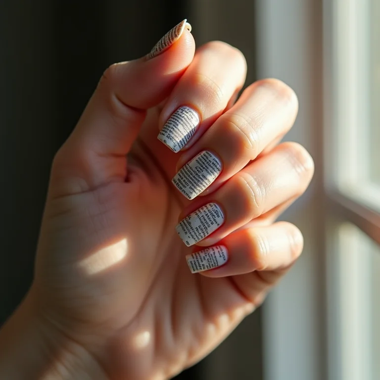 Unhas decoradas com jornal e detalhes em glitter