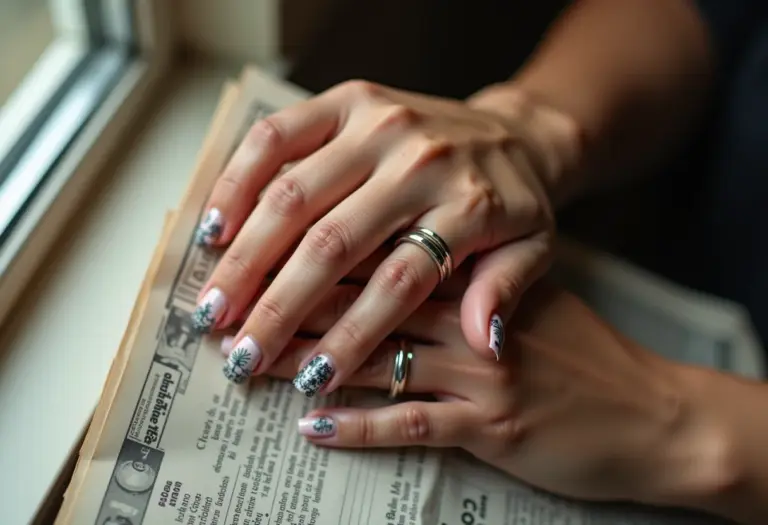 Unhas decoradas com jornal estilo vintage e moderno
