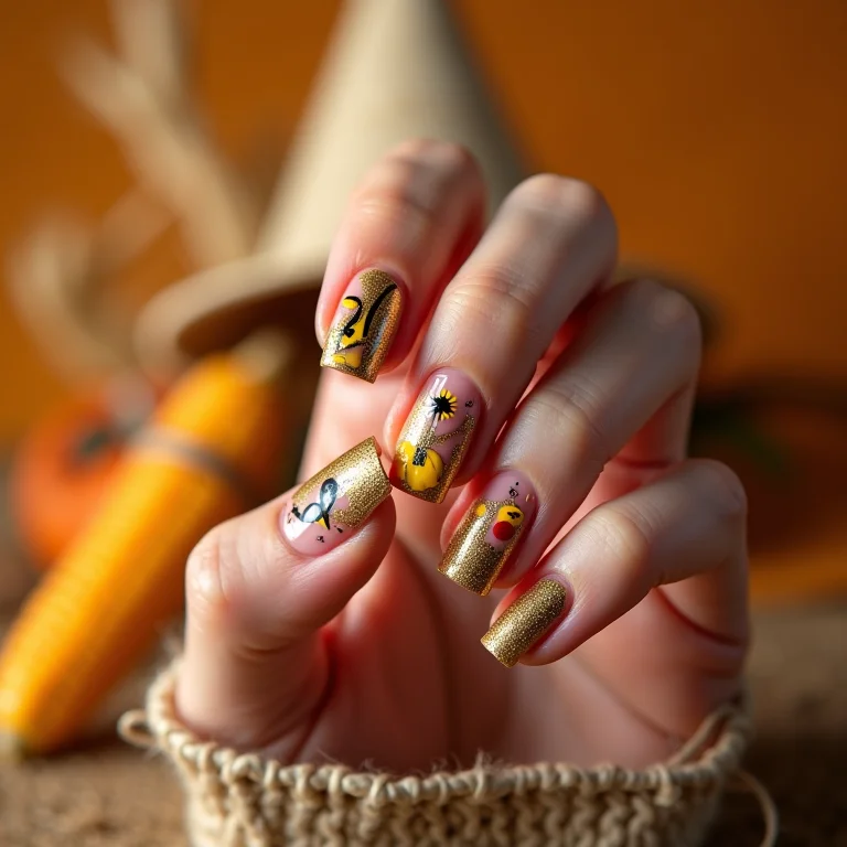 Unhas decoradas com mix de símbolos juninos