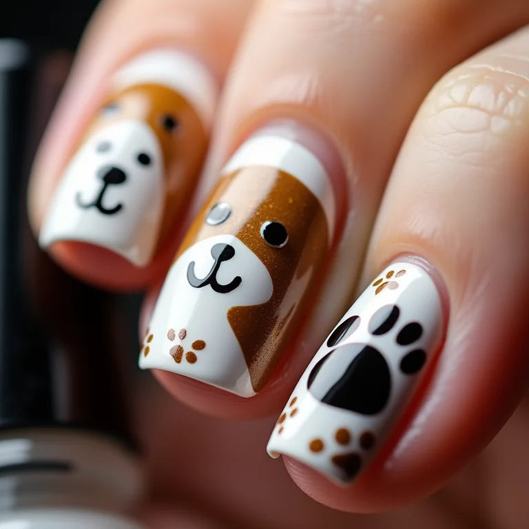 Unhas decoradas com mix de texturas e cachorrinhos