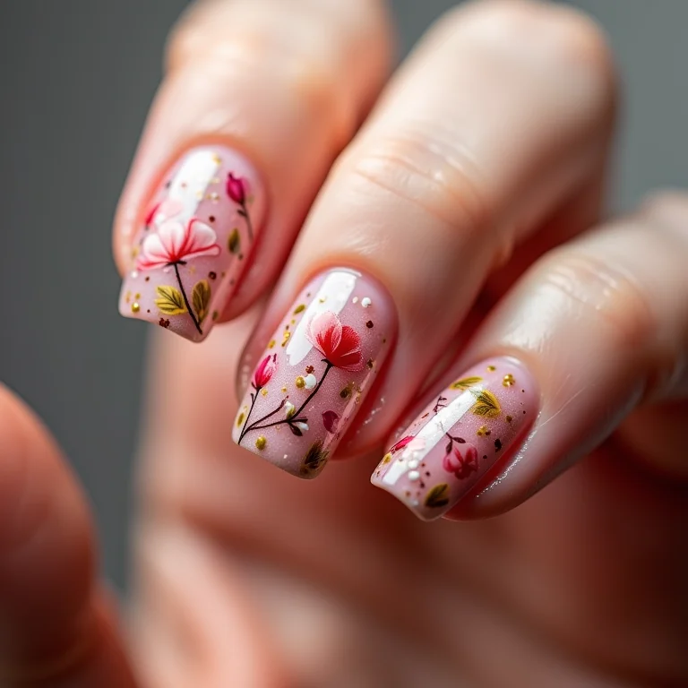 Unhas decoradas com nail art floral detalhada