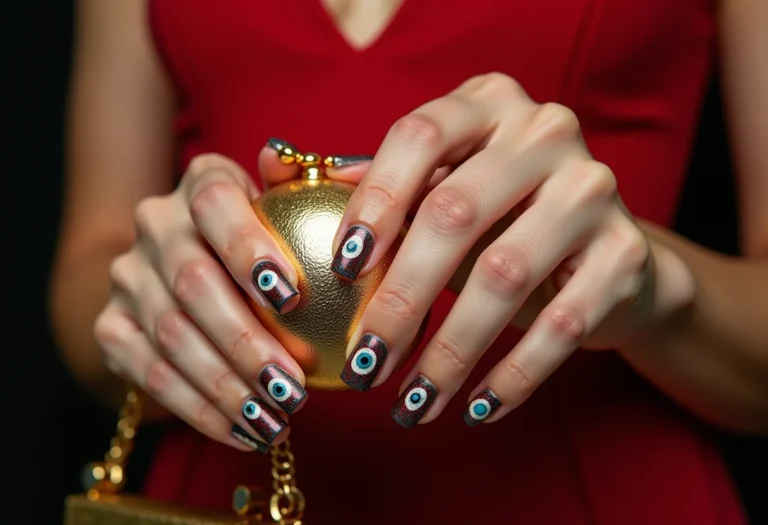 Unhas decoradas com olho grego segurando clutch dourada