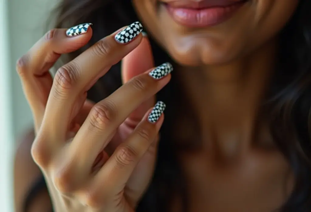 Unhas decoradas com padrão xadrez