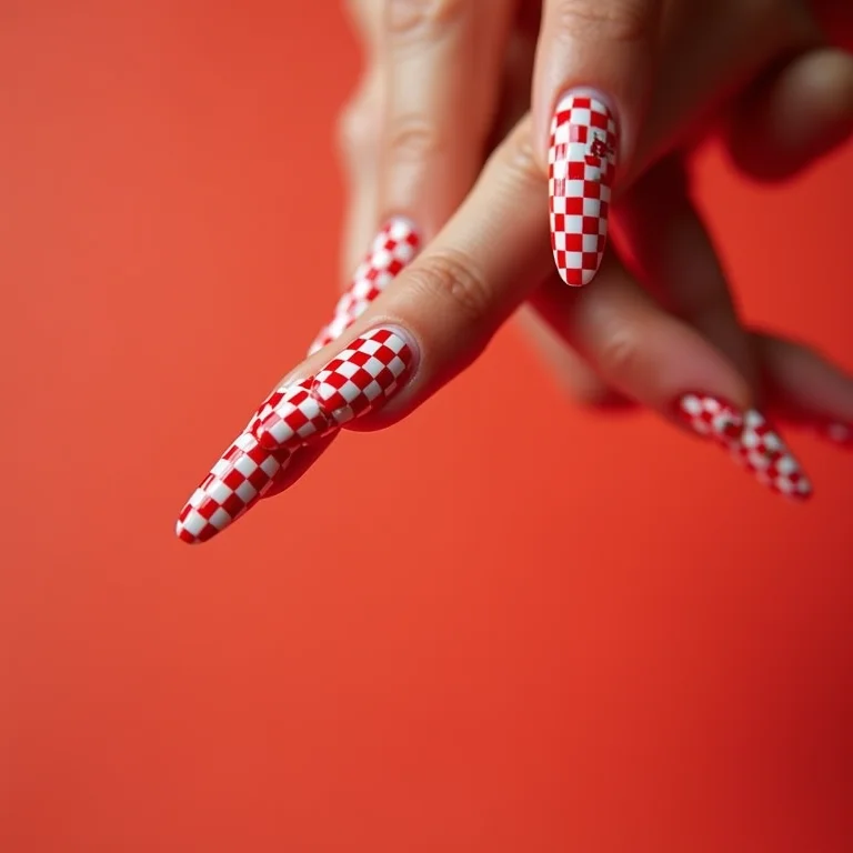 Unhas decoradas com padrão xadrez vermelho e branco para Festa Junina