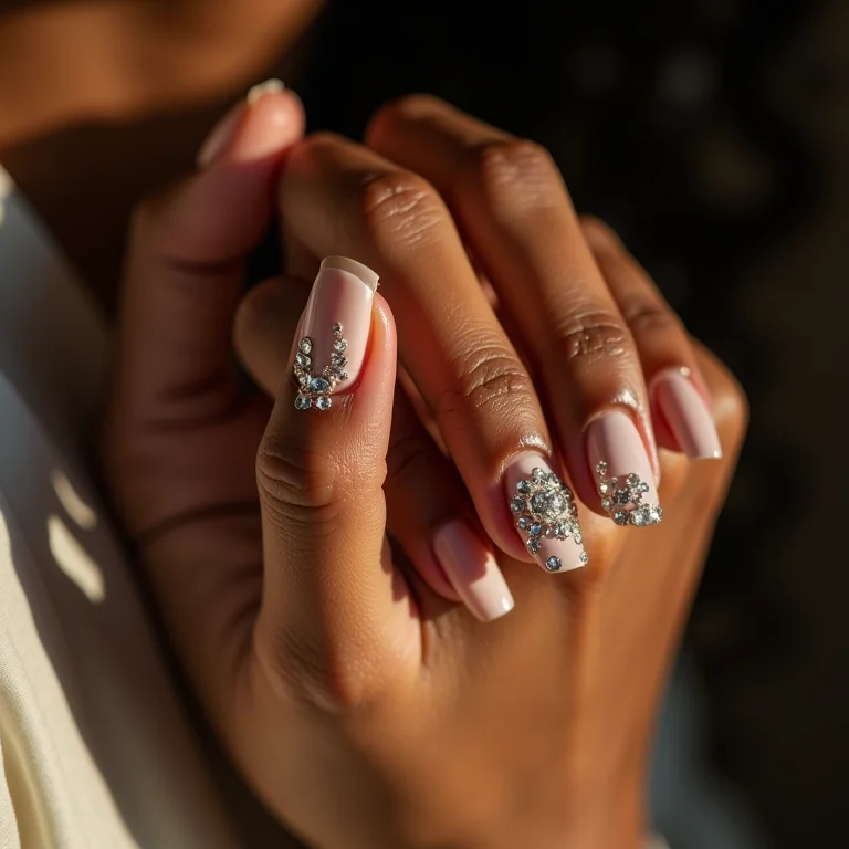 Unhas decoradas com pedrarias e strass delicados