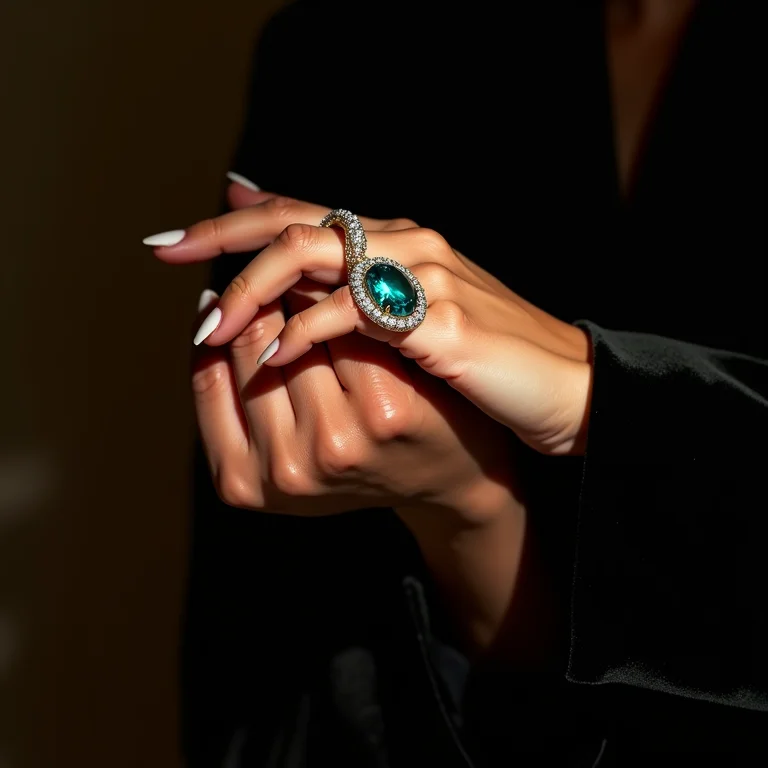 Unhas decoradas com pedras brilhantes e anel de coquetel