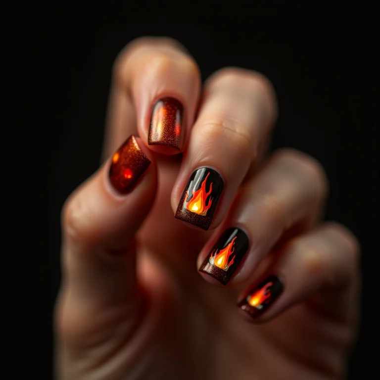 Unhas decoradas com pequenas fogueiras para Festa Junina