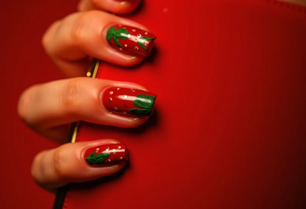 Unhas Decoradas com Pimenta: A ousadia que conquistou as fashionistas Unhas decoradas com pimenta segurando clutch dourada