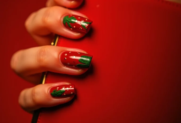 Unhas decoradas com pimenta segurando clutch dourada