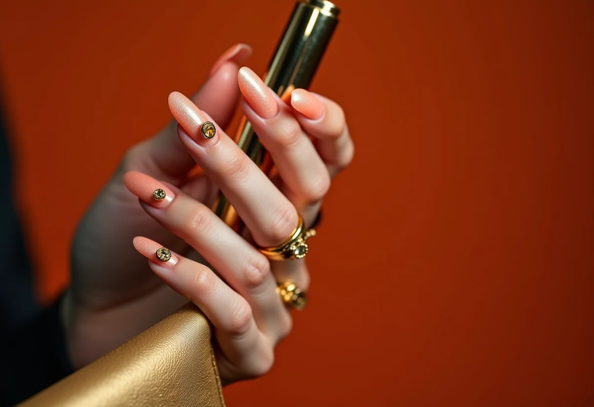 Unhas decoradas com pingentes dourados segurando clutch dourada