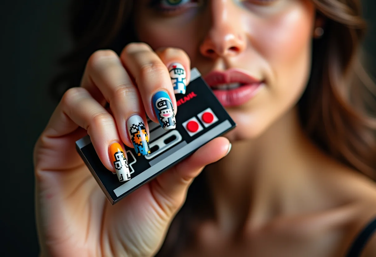 Unhas decoradas com pixel art de jogos clássicos