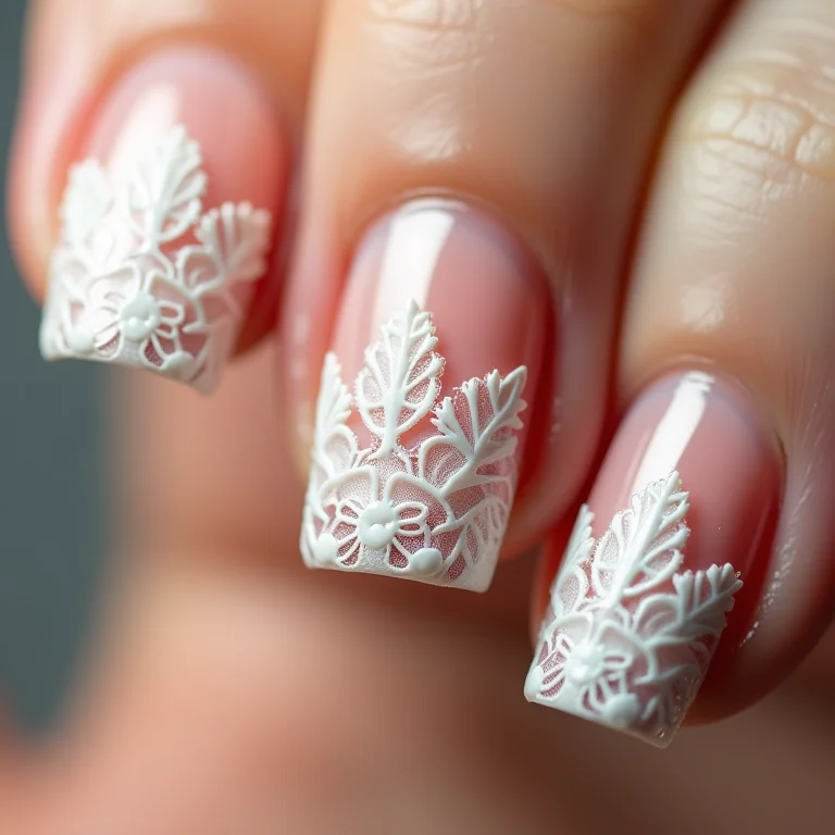 Unhas decoradas com renda branca