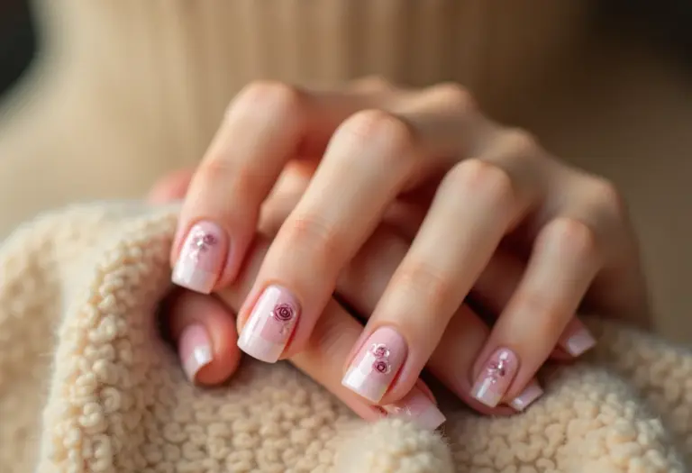 Unhas decoradas com rosas em cashmere.