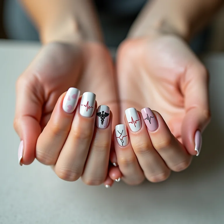 Unhas decoradas com símbolos médicos minimalistas