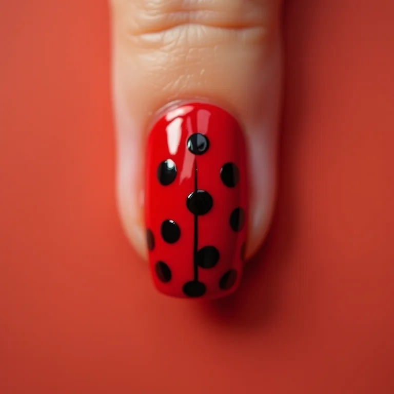 Unhas decoradas com tema de joaninha.