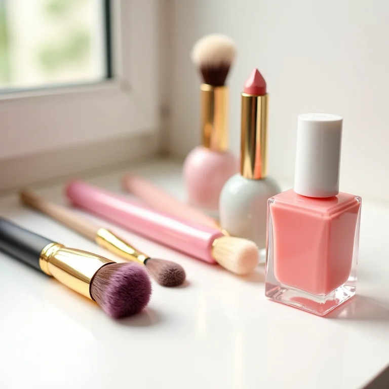 Unhas decoradas com tema de maquiagem e acessórios