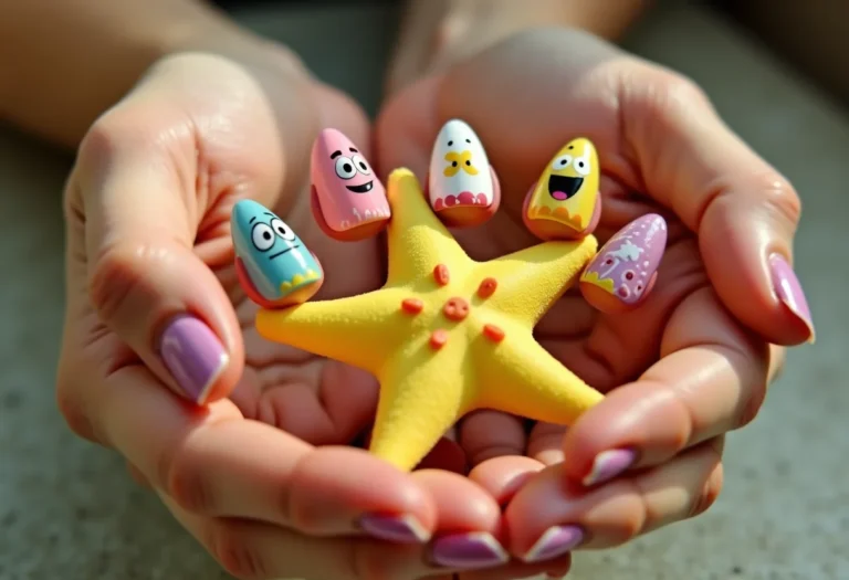 Unhas decoradas com tema do Bob Esponja, com os 5 personagens principais.